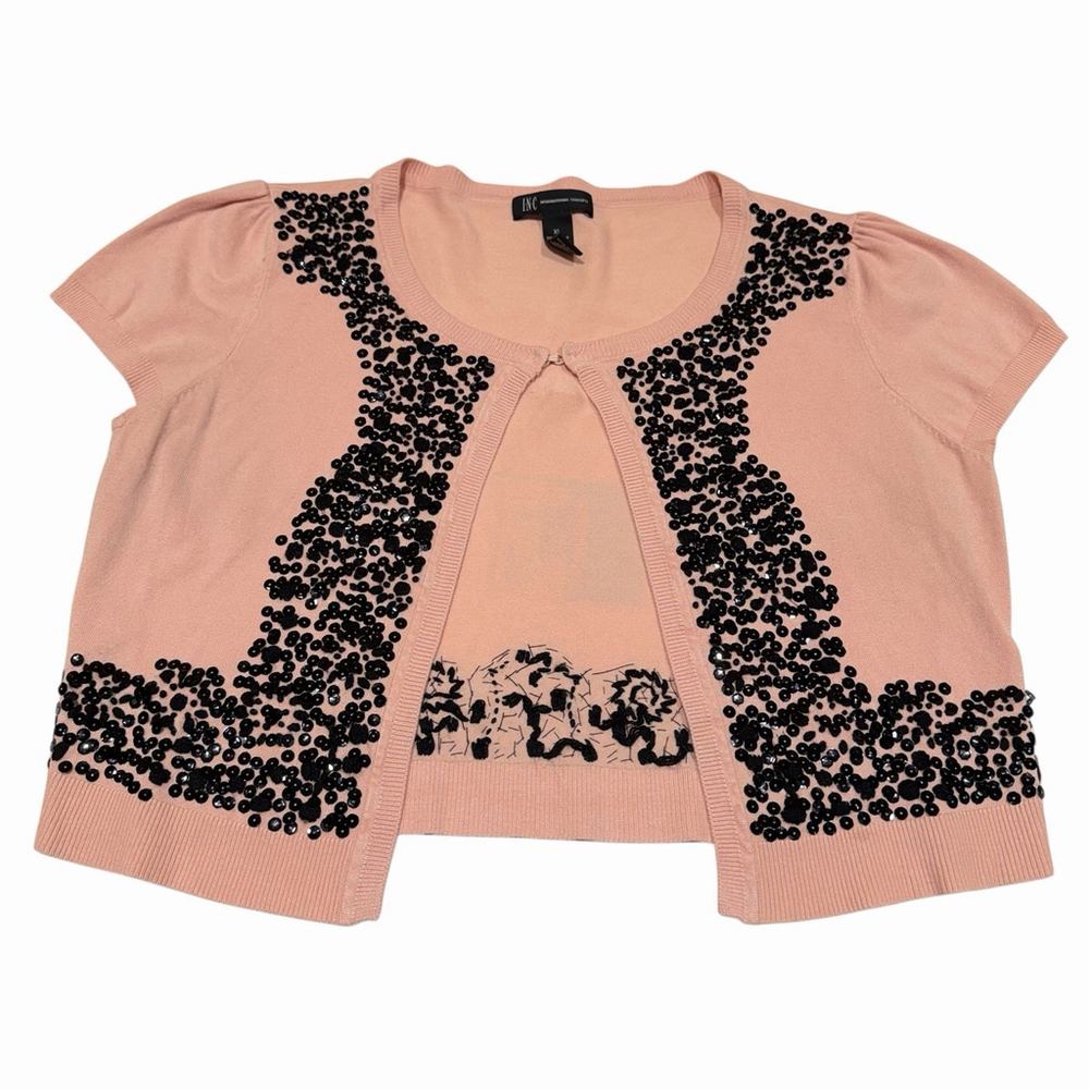 INC International Concepts Womens Sweater XL Pink Black Sequin Cropped Cardigan
